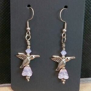 Tibetan Silver Hummingbird Earrings Artisan Translucent Pink Glass Flower Dangle